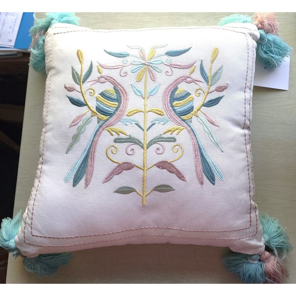 Throw Pillow-Coastal Home-Embroidery-Birds-Folk Design-Tassles-Large-17" x 17"